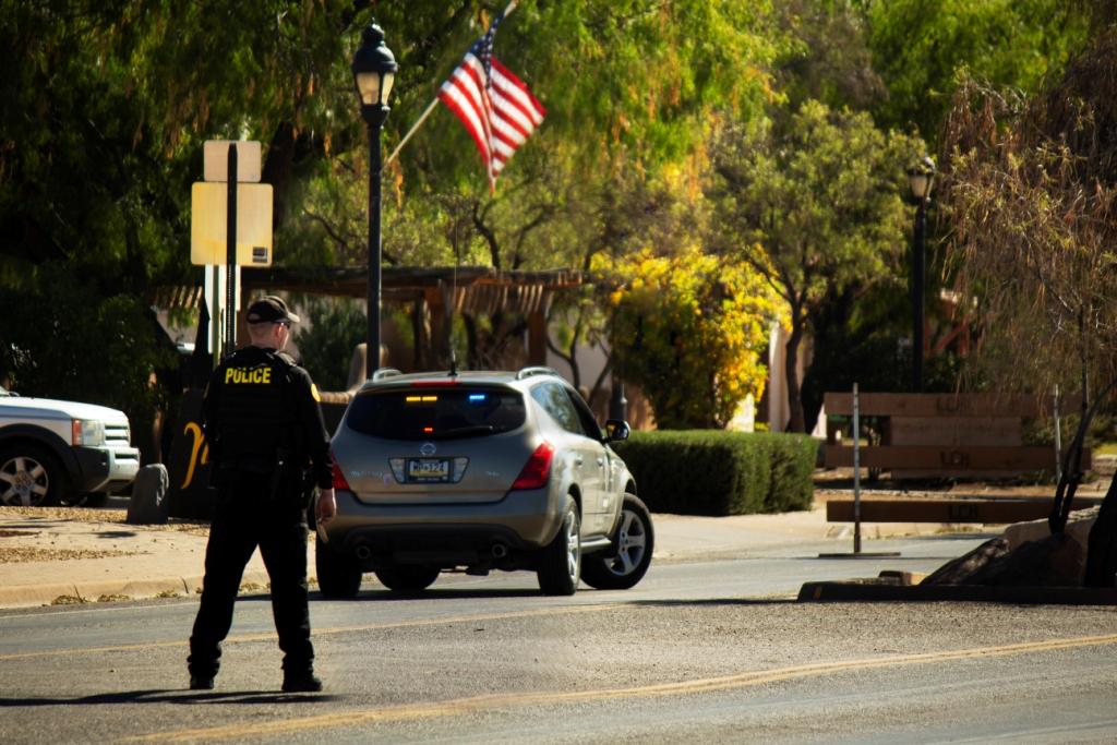 New Mexico Mounted Patrol NMMP Las Cruces Lt. Matt J Huebert closes the street in Mesilla